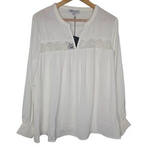 Cezele Womens White Floral Lace Sheer Panel Pink Tuck Blouse Size Large